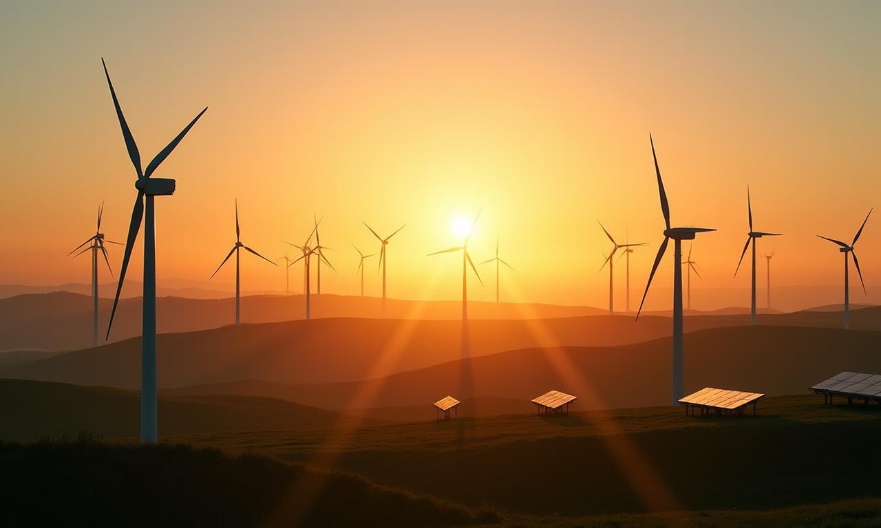 Wind turbines and solar panels against a vibrant Irish sky at sunrise