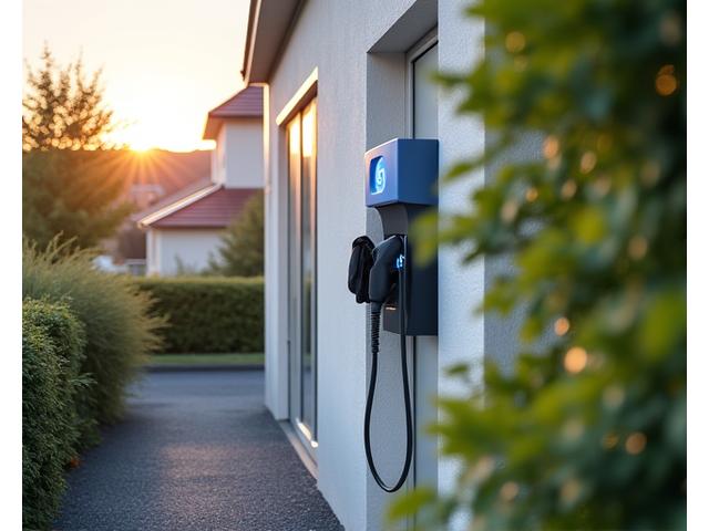 Modern electric vehicle charging station installed at a suburban home