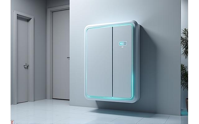 Modern battery storage unit in a clean, high-tech environment