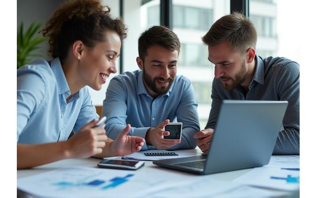People discussing energy efficiency at a table with diagrams