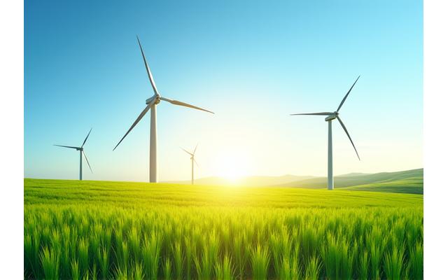 Wind turbines against a vibrant green field and blue sky
