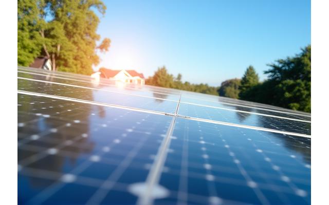 Solar panels on a modern rooftop with a clear blue sky